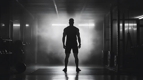 Backlit male athlete silhouette in foggy strength training gym