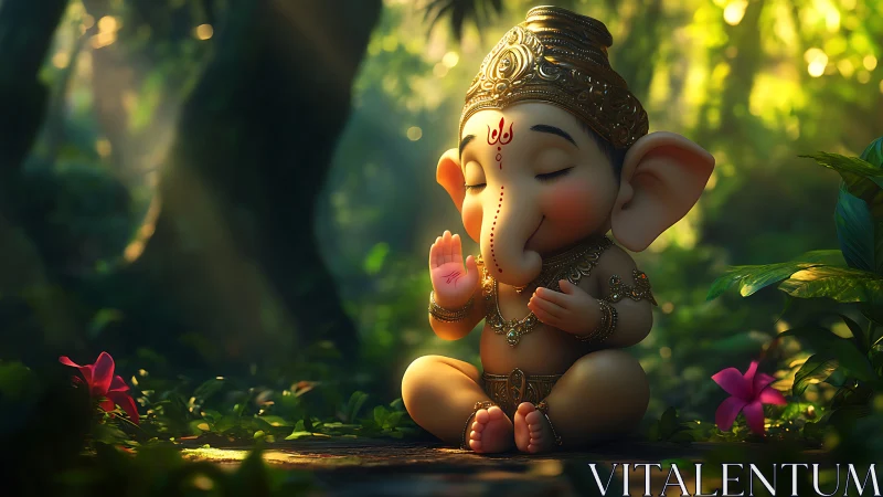 Baby Ganesha idol sits in sunlit forest clearing