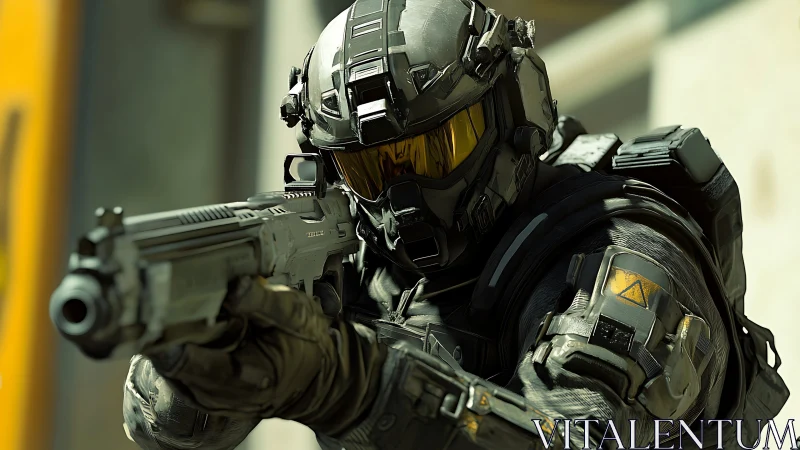 Futuristic tactical operator with modular armor and rifle poised