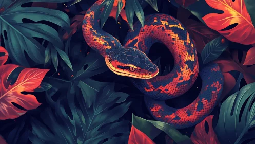 Coiled bioluminescent-style snake rendered amid stylized foliage