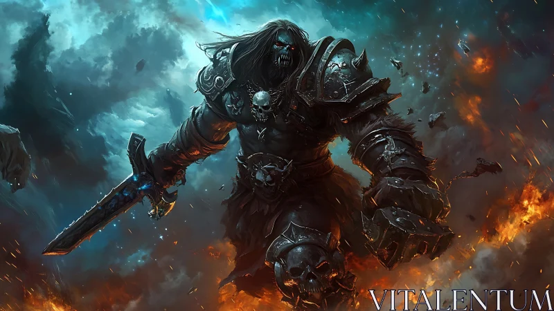 Armored undead warrior with sword in fiery storm landscape.