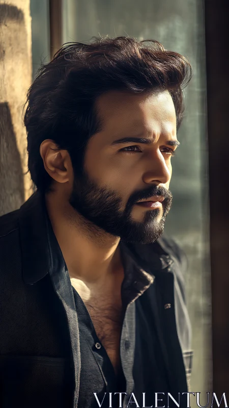 Brooding windowlight portrait of a modern bearded dreamer.