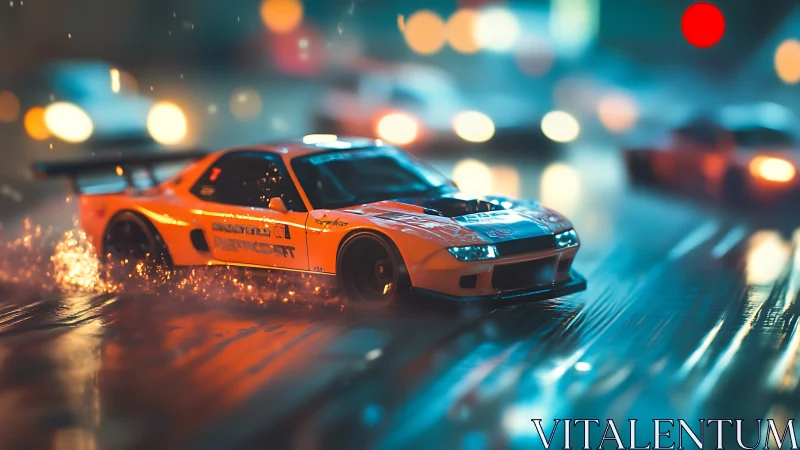 Orange drift car cuts neon-soaked rain street at speed.