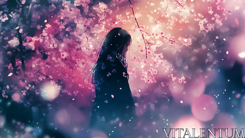 Girl wandering under dreamy pink cherry blossom glow.