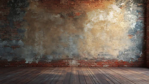 Weathered brick wall with distressed plaster and wooden floor