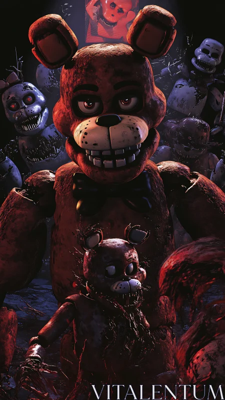 Distressed animatronic bear with smaller damaged figure.