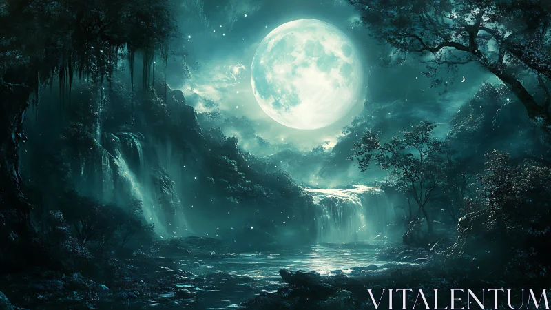 Digital painting of lunar-lit waterfalls in mystical forestscape.