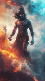 Mythic warrior in swirling elemental fire and mist.