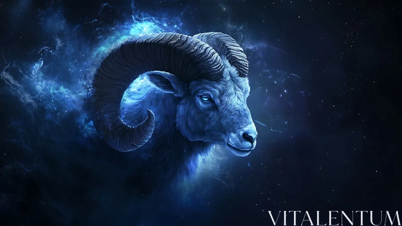 Celestial ram portrait in luminous cosmic blue nebula glow.