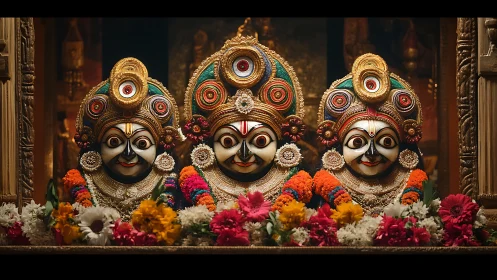 Ornate triad of Hindu deity masks with floral offerings.