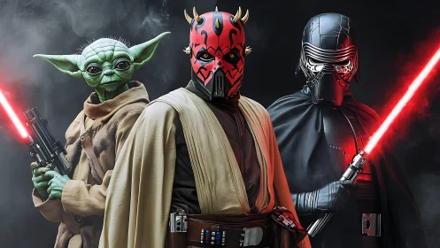 Galactic misfits gathered with glowing crimson sabers.