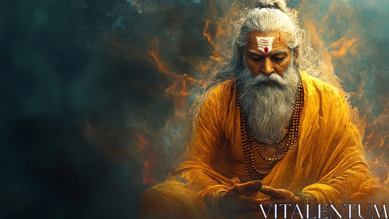 Mystic sage in golden robes meditates amid swirling fire.