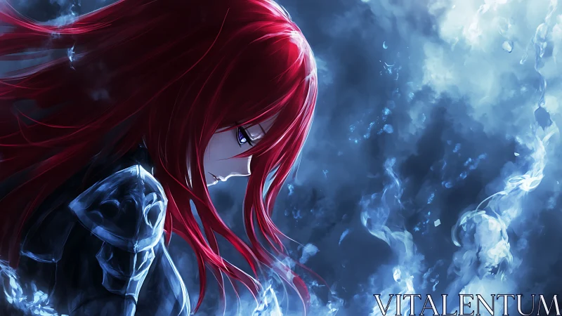 Red haired armored warrior in blue misty atmosphere.