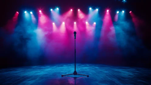 Microphone on stage under blue and pink concert lighting.