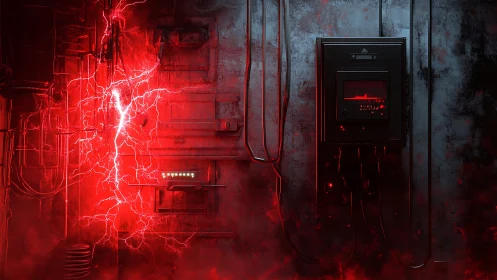 Red electrical surge splits industrial wall control panel