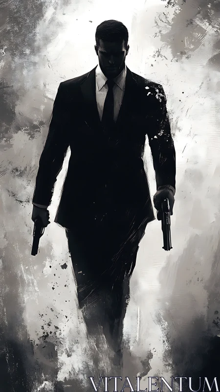 Imposing gunman in tailored suit strides through smoke.
