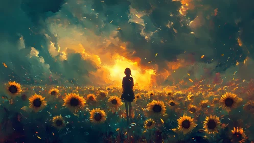 Girl standing in sunflower field under fiery sunset sky.