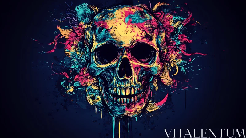 Chromatic skull topology with neon floral extrusion field.
