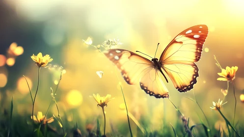 Digital painting of butterfly in sunlit meadow with bokeh glow.