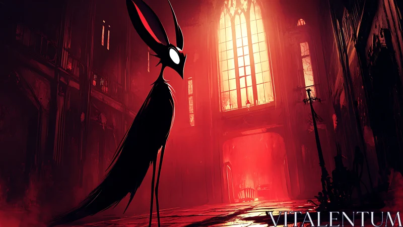 Shadowed wraith stands in blood-red cathedral light.