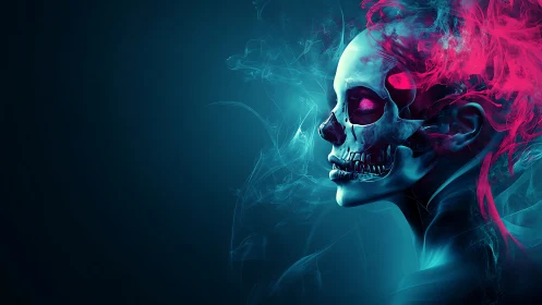 Side profile skull portrait with cyan smoke and magenta haze.