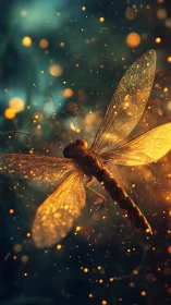 Luminous dragonfly in swirling bokeh firefly haze at dusk.