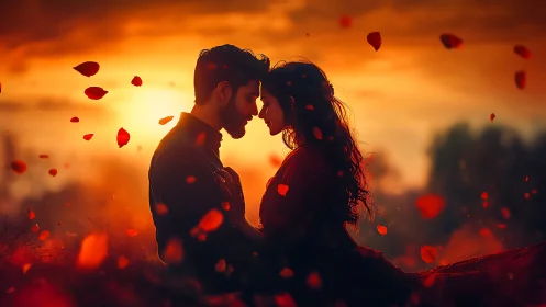 Couple Kissing Against Sunset with Falling Rose Petals.