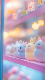 Plush rabbit toys aligned on pastel shelves in soft focus.