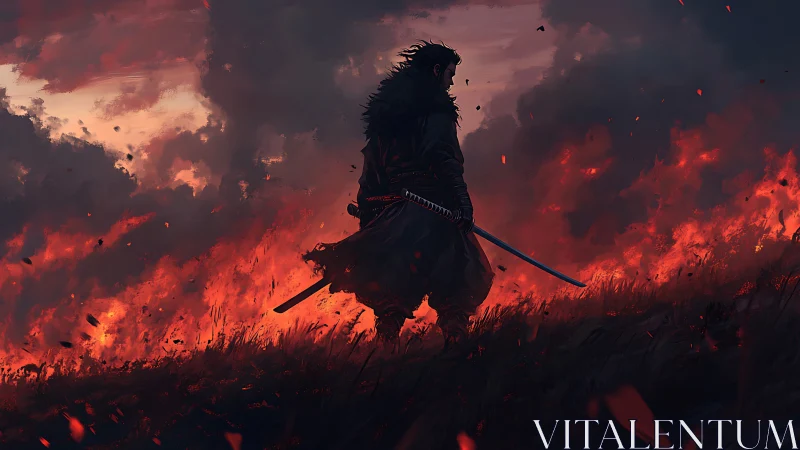 Solitary samurai silhouette against stormlit wildfire horizon.
