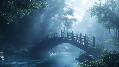 Wooden footbridge over misty forest river at daylight.