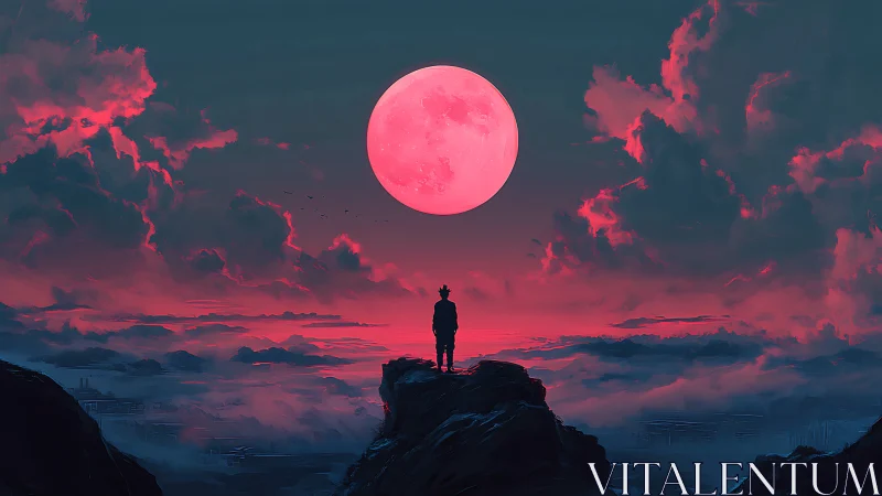 Lone figure observes immense crimson moon over mist valley