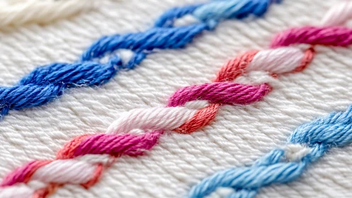 Macro study of intertwined embroidery threads on woven fabric