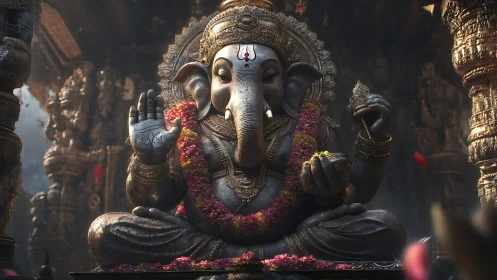 Majestic Ganesha idol sits in ornate temple sanctum