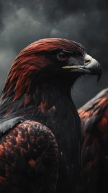 Regal crimson eagle stares ahead through stormy twilight