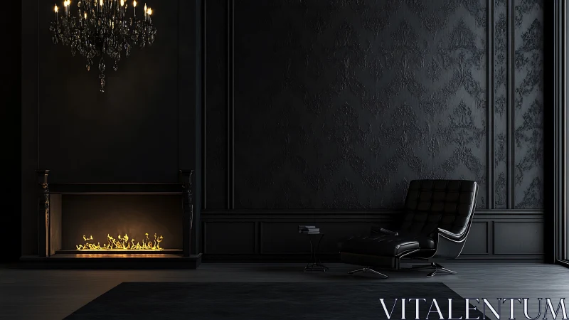 Luxurious black lounge balances chandelier glow and fireplace