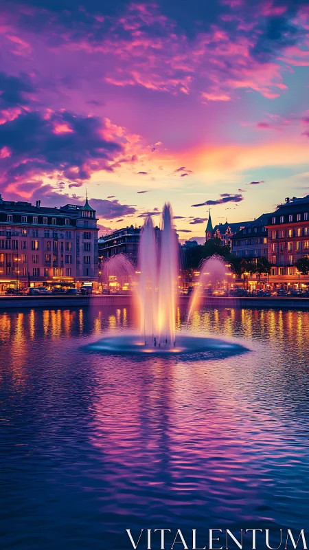 City fountain with illuminated jets under vivid sunset sky.