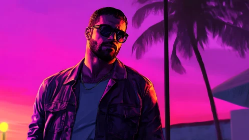 Neon-lit male portrait against tropical dusk gradient sky
