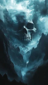 Colossal skull-shaped storm looming over misted chasms.