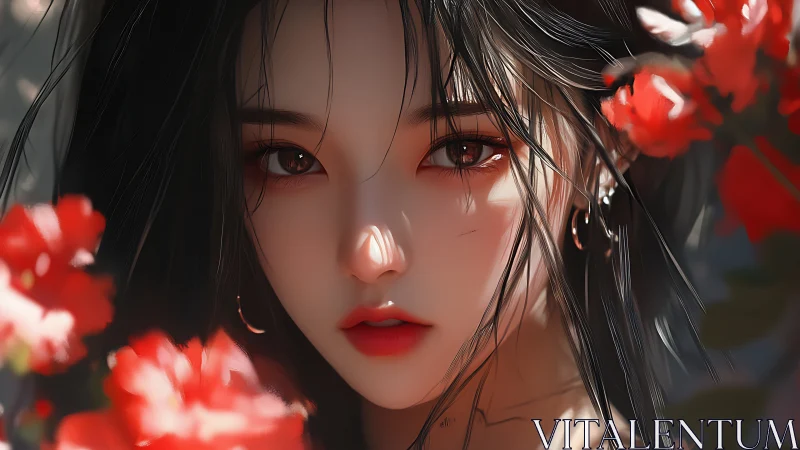 Digital portrait shows stylized female face framed by flowers