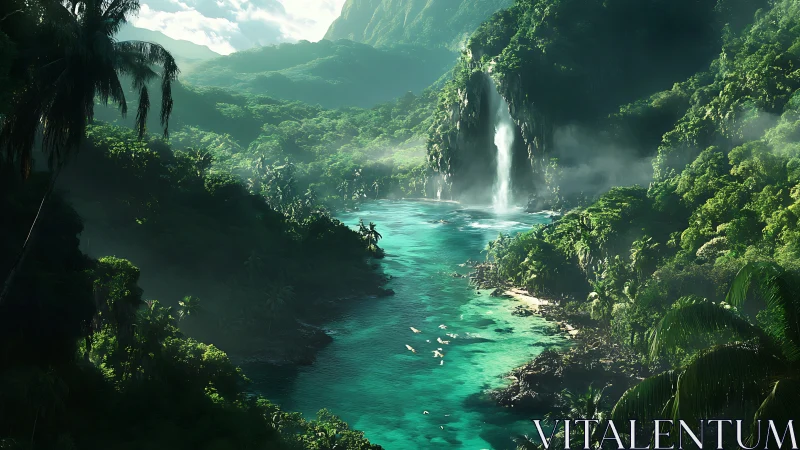 Verdant Gorge with Cascading Waterfall and Turquoise Pool.