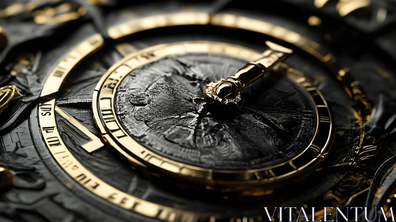 Gilded mechanical clock dial in extreme macro detail.