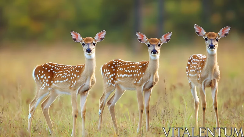 Three white tailed deer fawns stand aligned in tall grass