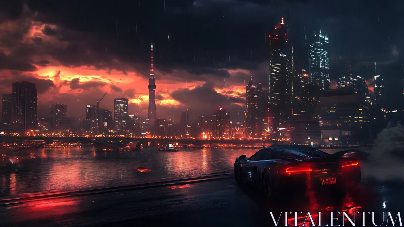 Neon storm skyline and lone supercar above burning river.