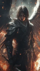 Fierce winged warrior stands in glowing embers and shadow