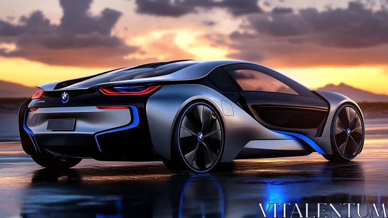 Photorealistic rear three-quarter view of futuristic sports coupe.