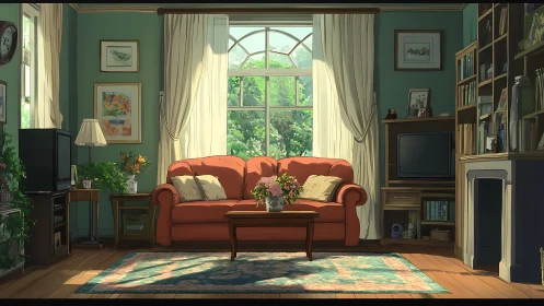 Sunlit domestic lounge rendered in high-fidelity anime detail.