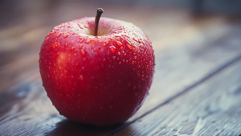 Crimson orchard jewel waits, beaded with morning whispers