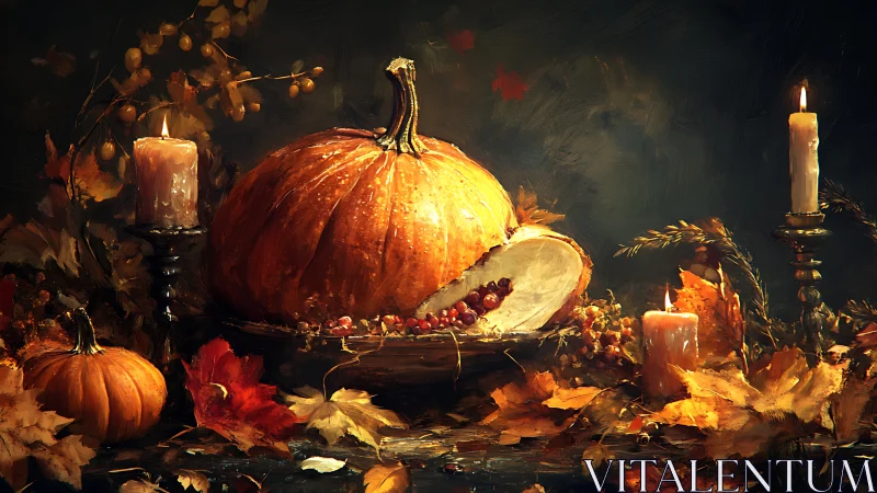 Autumn pumpkin still life with candles and golden leaves.