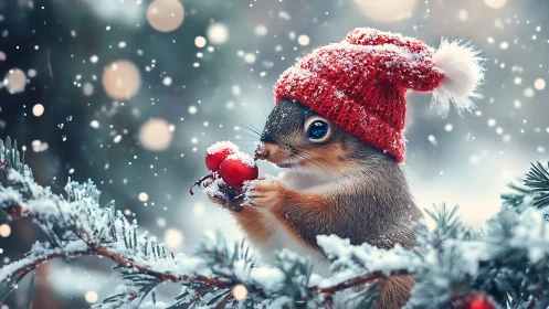 Red-hatted squirrel grips winter berries in gentle snowfall