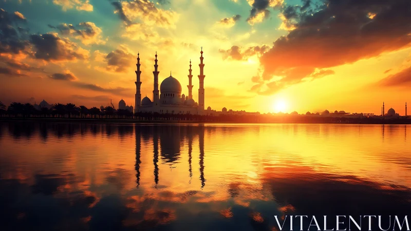 Grand mosque skyline glows over mirrored sunset water